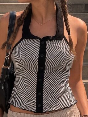 Charlotte Russe Black & White Striped Halter Crop Top NWOT Size Small